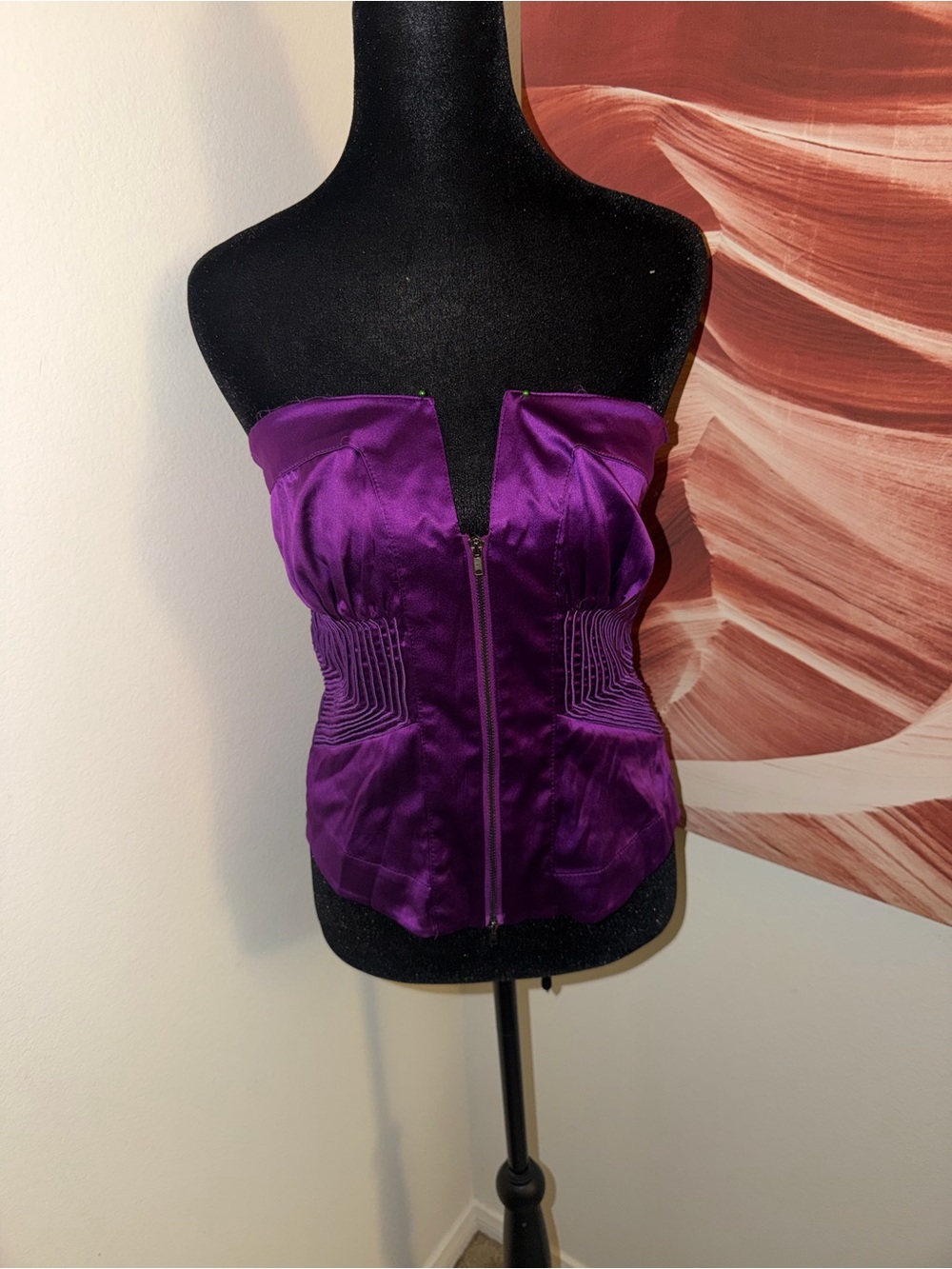bebe Purple Satin Strapless Bustier Top with Front Zip
